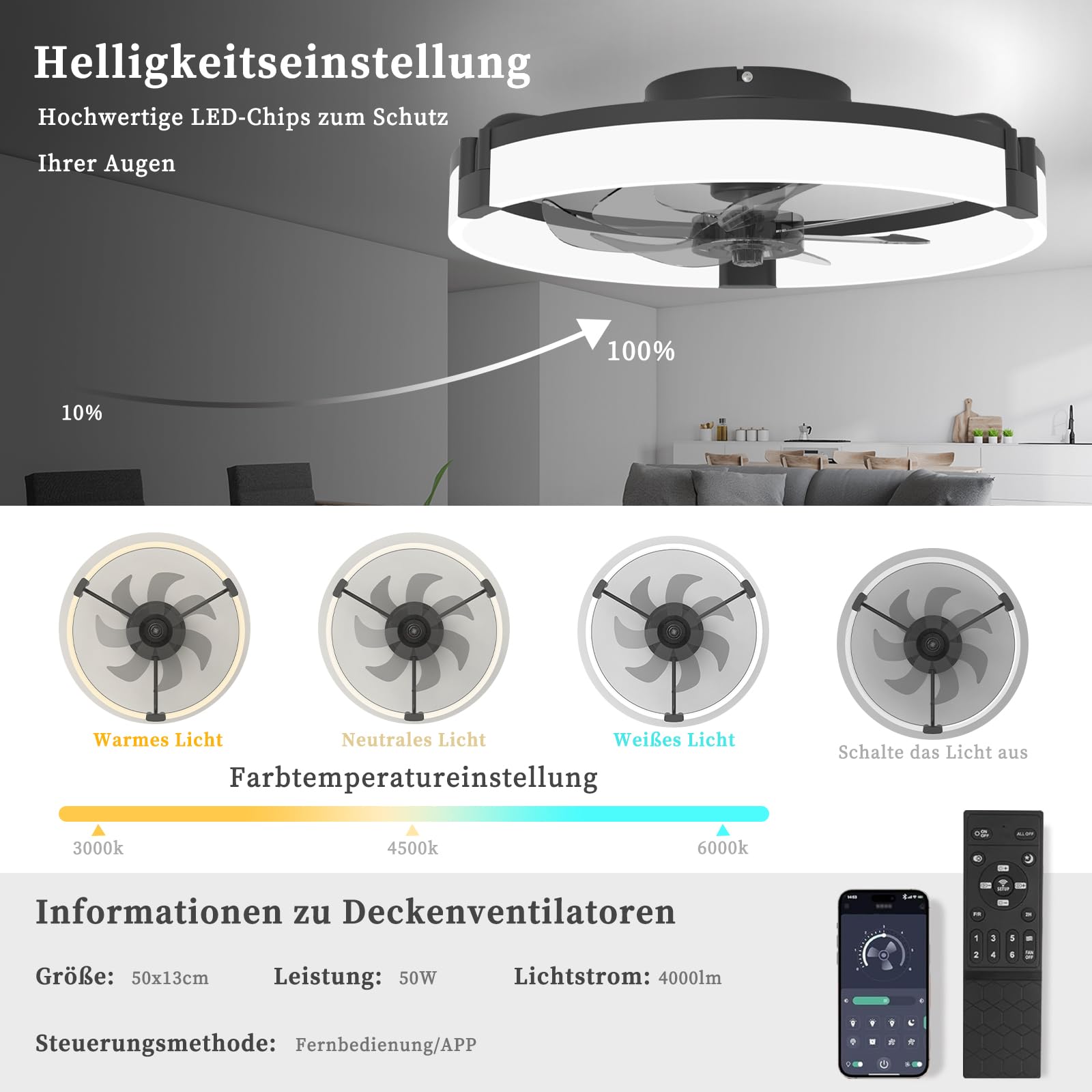 Deckenventilator Mit Beleuchtung,50cm lampe mit ventilator Und Fernbedienung,50W,4000Lm LED Dimmbare deckenleuchte mit ventilator,DC,Timer, Deckenlampe Mit Ventilator Für Schlafzimmer Wohnzimmer