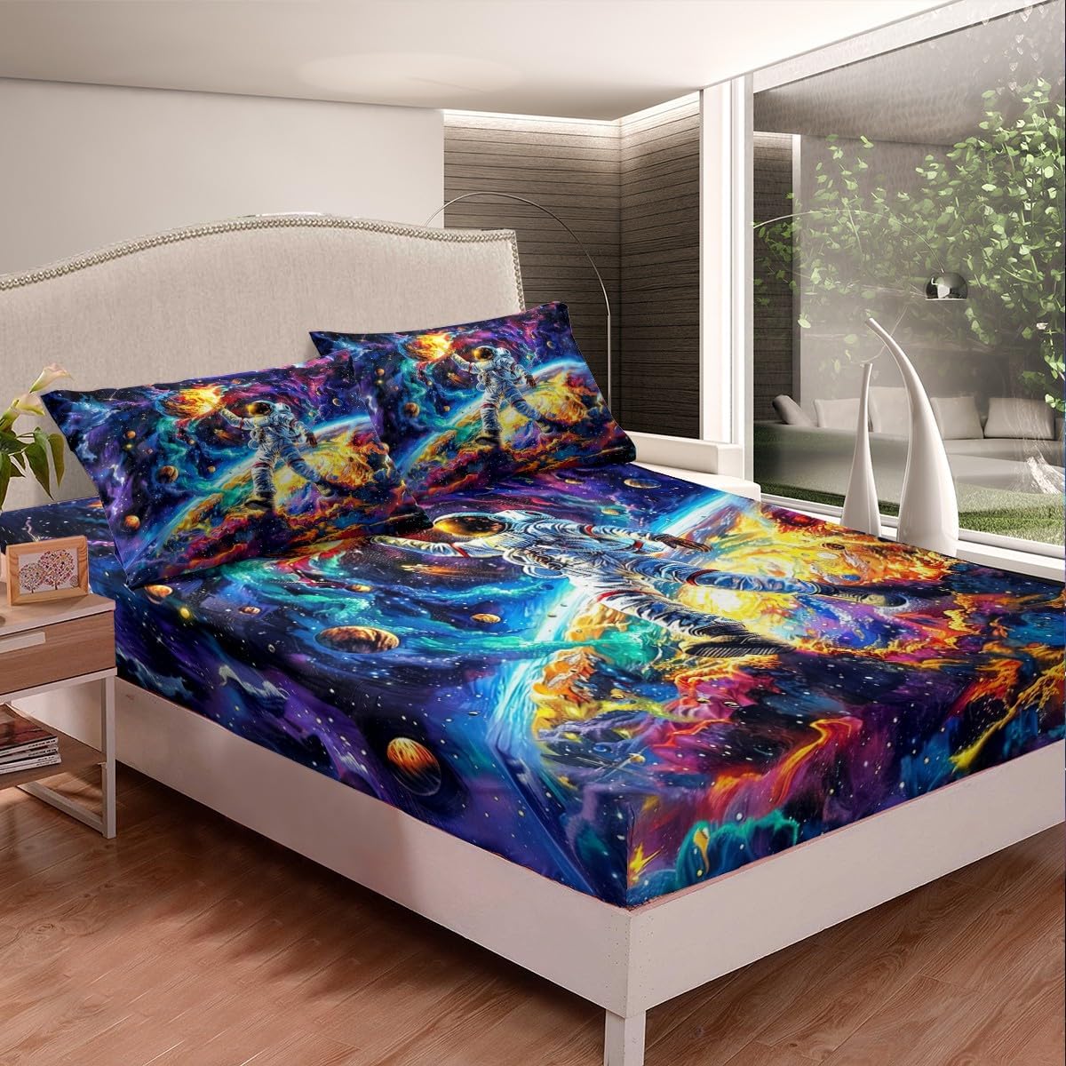 Colorful Astronaut Fitted Sheet Outer Space Tie Dye Themed Bed Sheets Twin for Kids Boys Girls Galaxy Trippy Universe Sheets Glitter Plant Interstellar Bedding Set,Room Decor