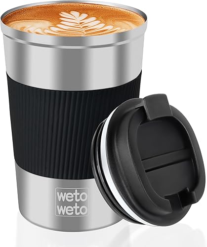 WETOWETO Vaso aislado de acero inoxidable de 12 onzas, taza de café de viaje, taza de café aislada con tapa, taza de café a prueba de derrames, taza