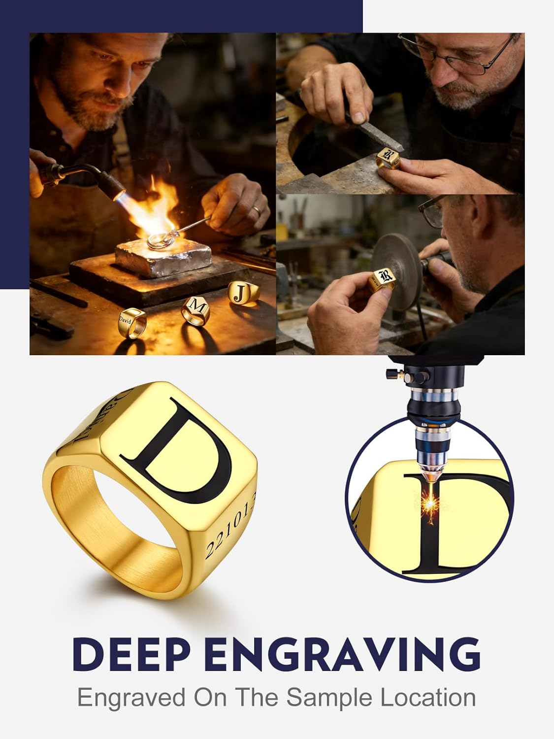 Bandmax Custom Signet Letter Stainless Steel/14K Gold Plated Black Initial Ring for Men Personalized Engraved Name Ring Gift for Father Husband Son Friend