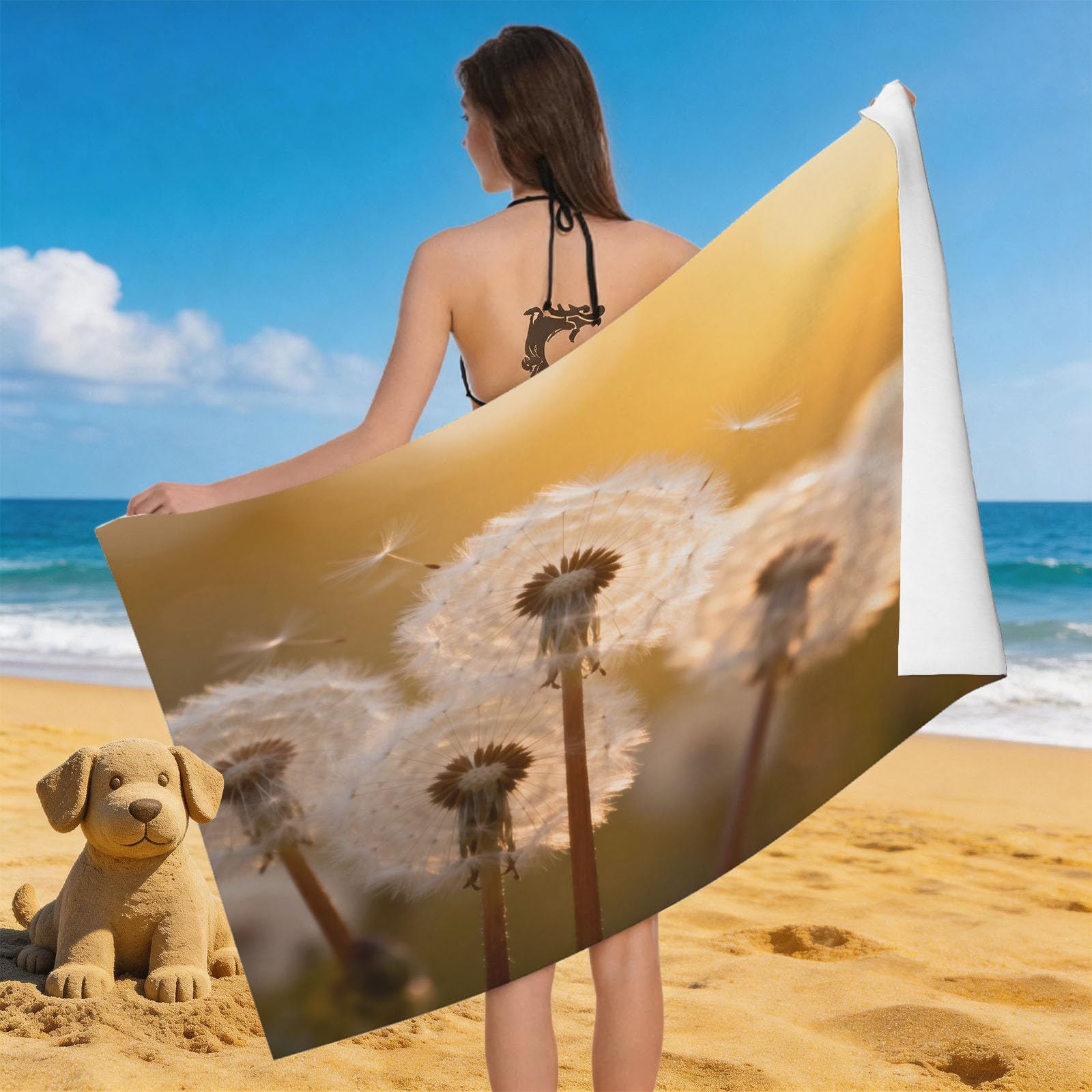 Leichong Men's Yellow 3D Dandelion Beach Towel Large Microfiber Soft Quick Dry For Adults, Chic Bath Towel Lightweight Soft Absorbent For Travel Swimming Pool Sports, 80 X 160 Cm
