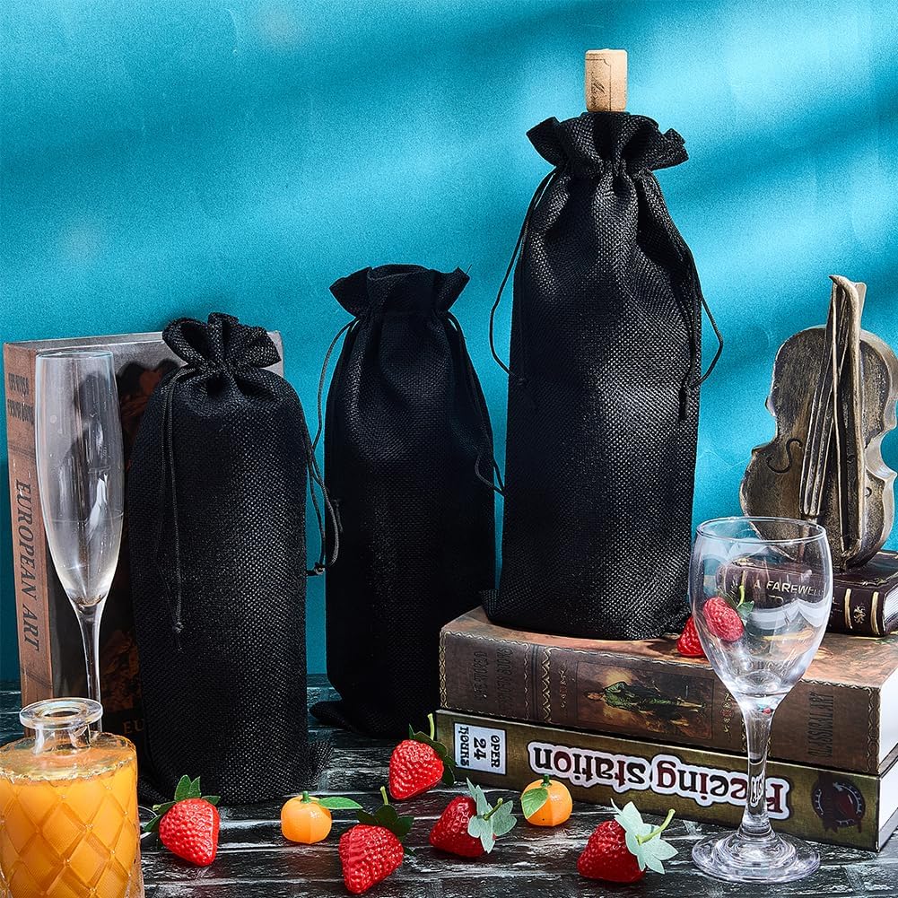 Beebeecraft 8Pcs Burlap Wine Bottle Bags 5.9x13.8 Inch Rectangle Black Reusable Drawstring Wine Bottle Gift Bags Pouch for Champagne Holiday Weeding Party Birthdays Christmas Travel Blind Tastings
