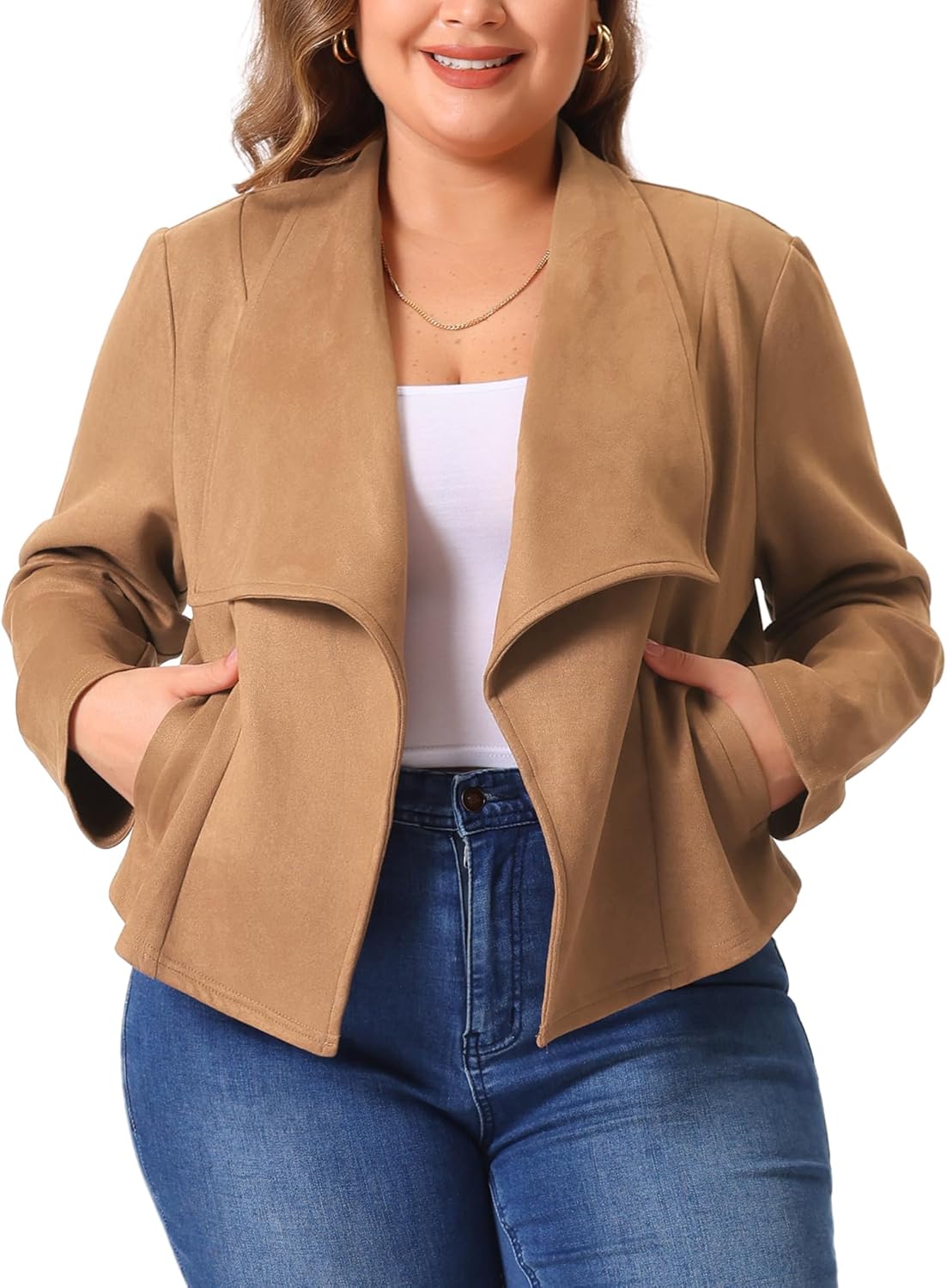 Agnes Orinda Plus Size Faux Suede Jacket for Women Lapel Long Sleeve Open Front Cardigans Outerwear Jackets