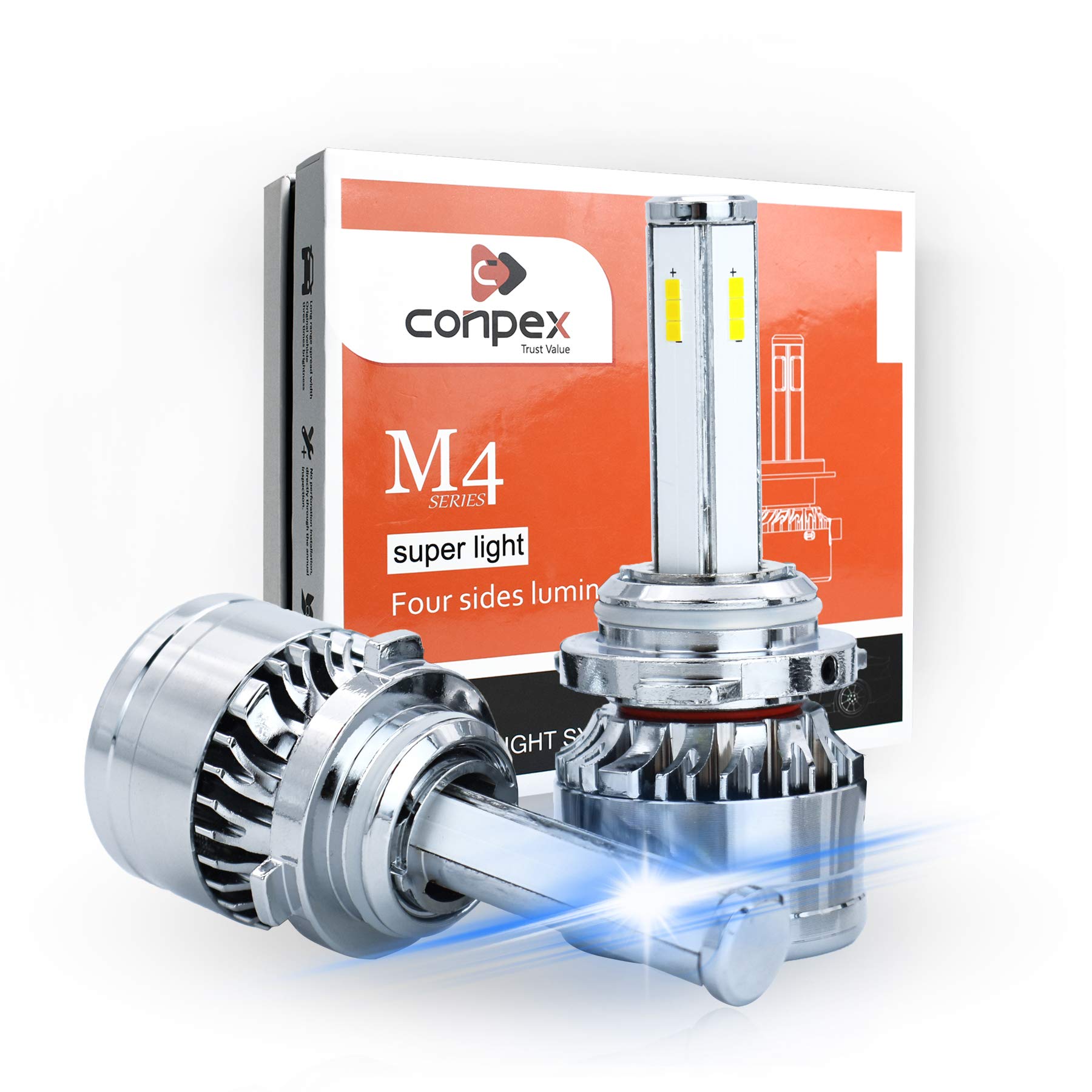 LED Car Headlight Bulbs 9006 HB4 Conversion Kit 4 Sides 300W 20000LM 6000K White Hi/Lo Beam Anti Flicker Free Error All-in-one 2 Years Warranty