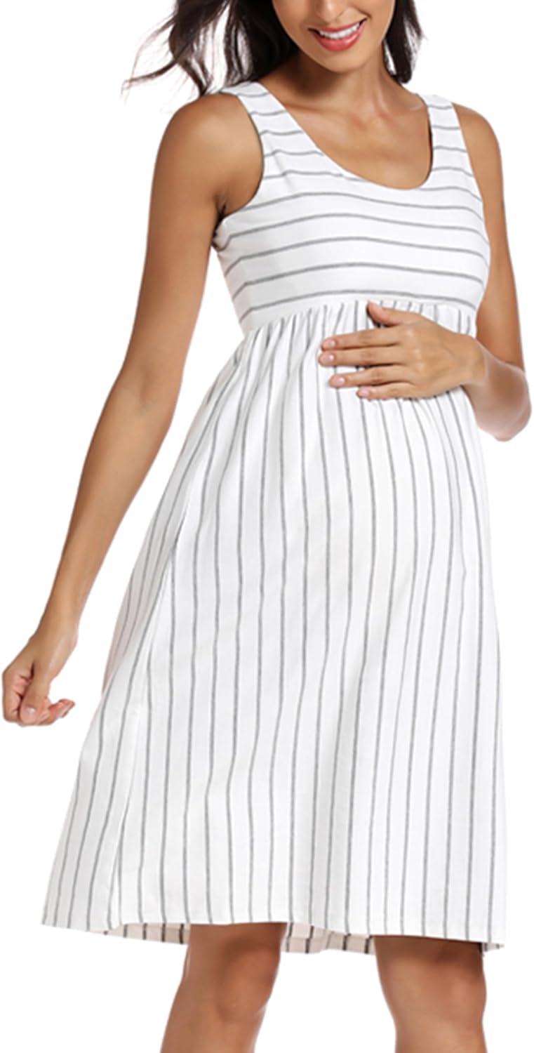 Ecavus Womens Maternity Tank Dress Stripe Color Block Sleeveless Knee Length for Baby Shower - Image 2