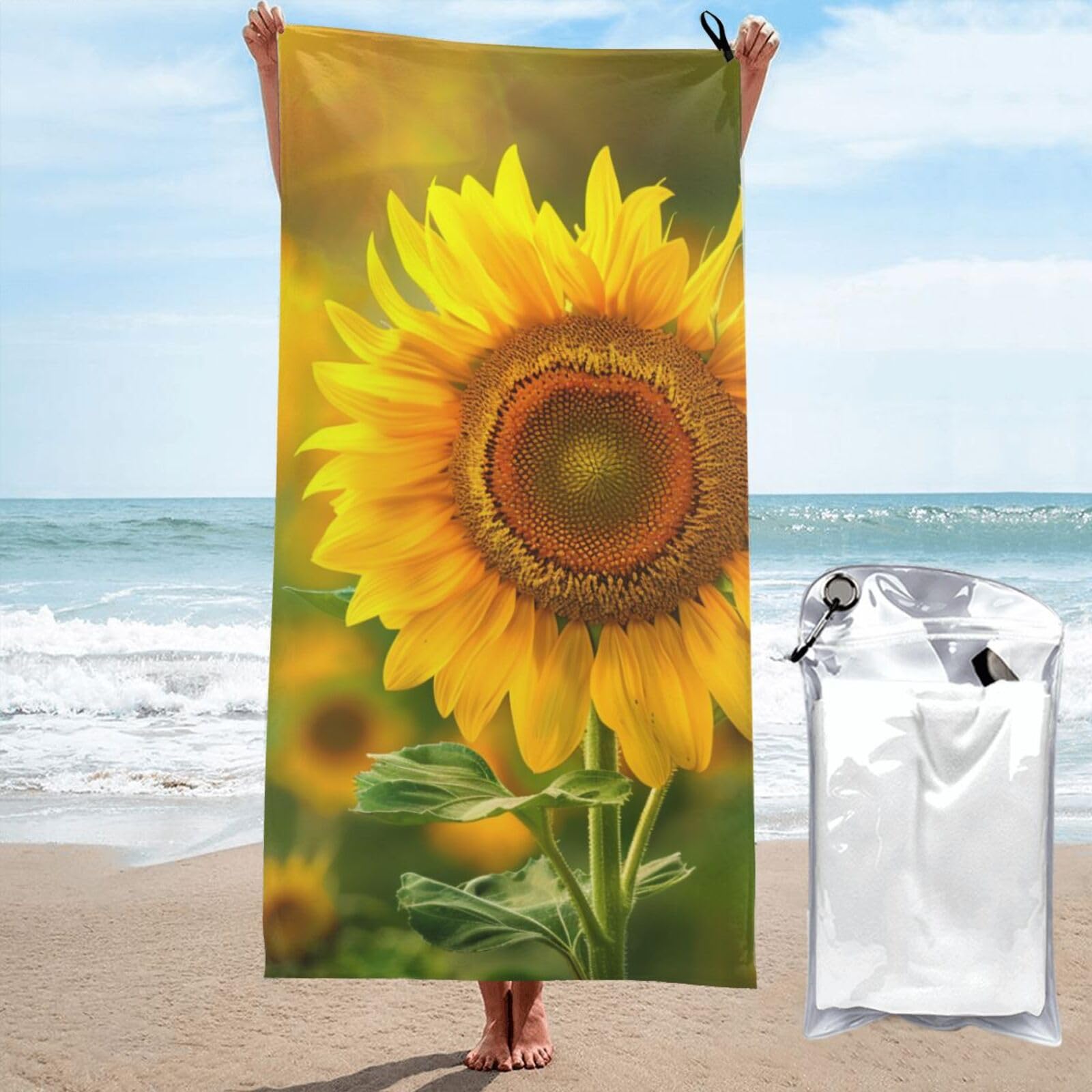 Microfiber Beach Towel, bright sunflower Printed Lightweight Quick Dry Travel Bath Sheet with Compact Carry Bag for Swimming Yoga Camping Gym,31.5"x63"