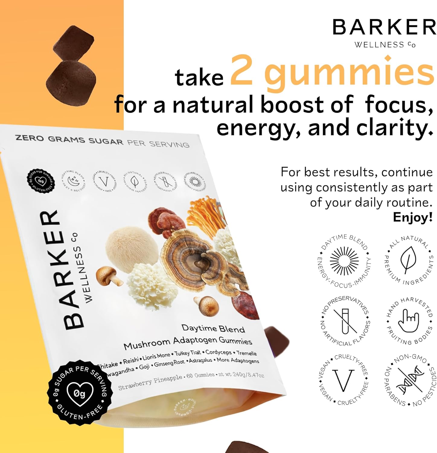Barker Wellness Daytime Sugar-Free Adaptogen Mushroom Gummies - Lion's Mane, Cordyceps, Reishi & Shiitake | Vegan, Immune System Support, Natural Energy, Enhanced Focus & Mood for Adults | 60 Count - Image 2