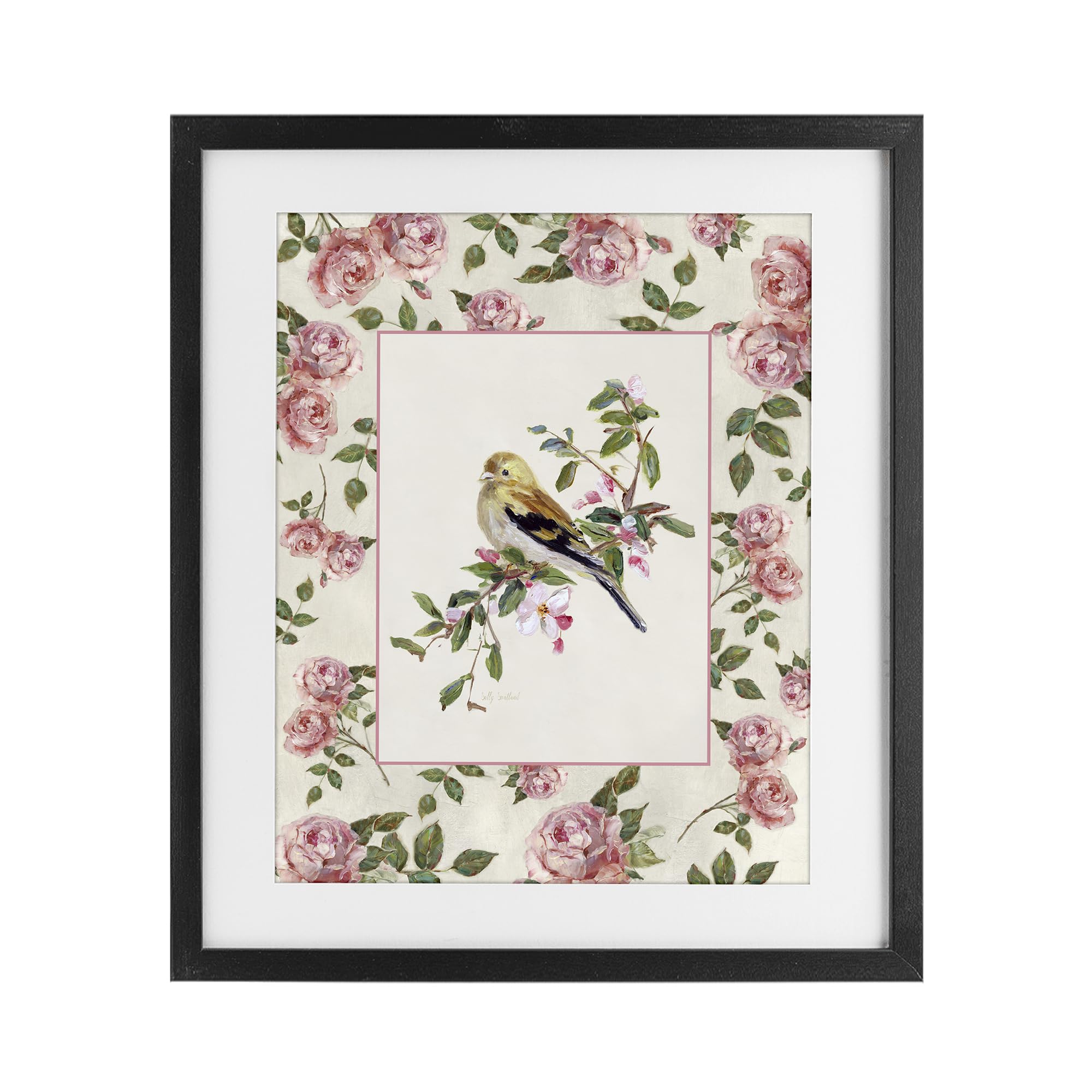 Stupell Industries Midnight Black (Textured) 'Perched Bird With Dainty Roses'| Framed Print Under Glass