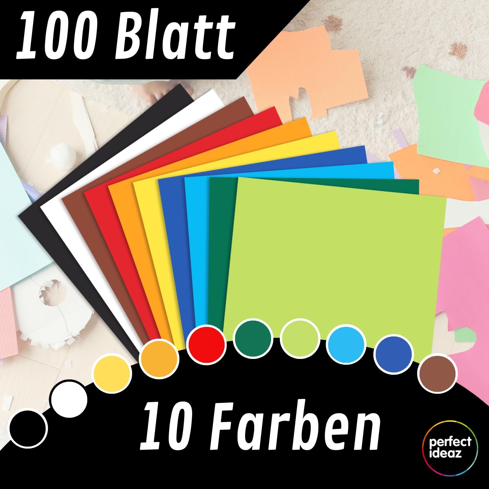 perfect ideaz - Tonpapier DIN A2 – 100 Blatt, 10 kräftige Farben, 130 g/m², voll durchgefärbt & lichtbeständig, Blauer Engel zertifiziert, Made in Germany – Bastelkarton