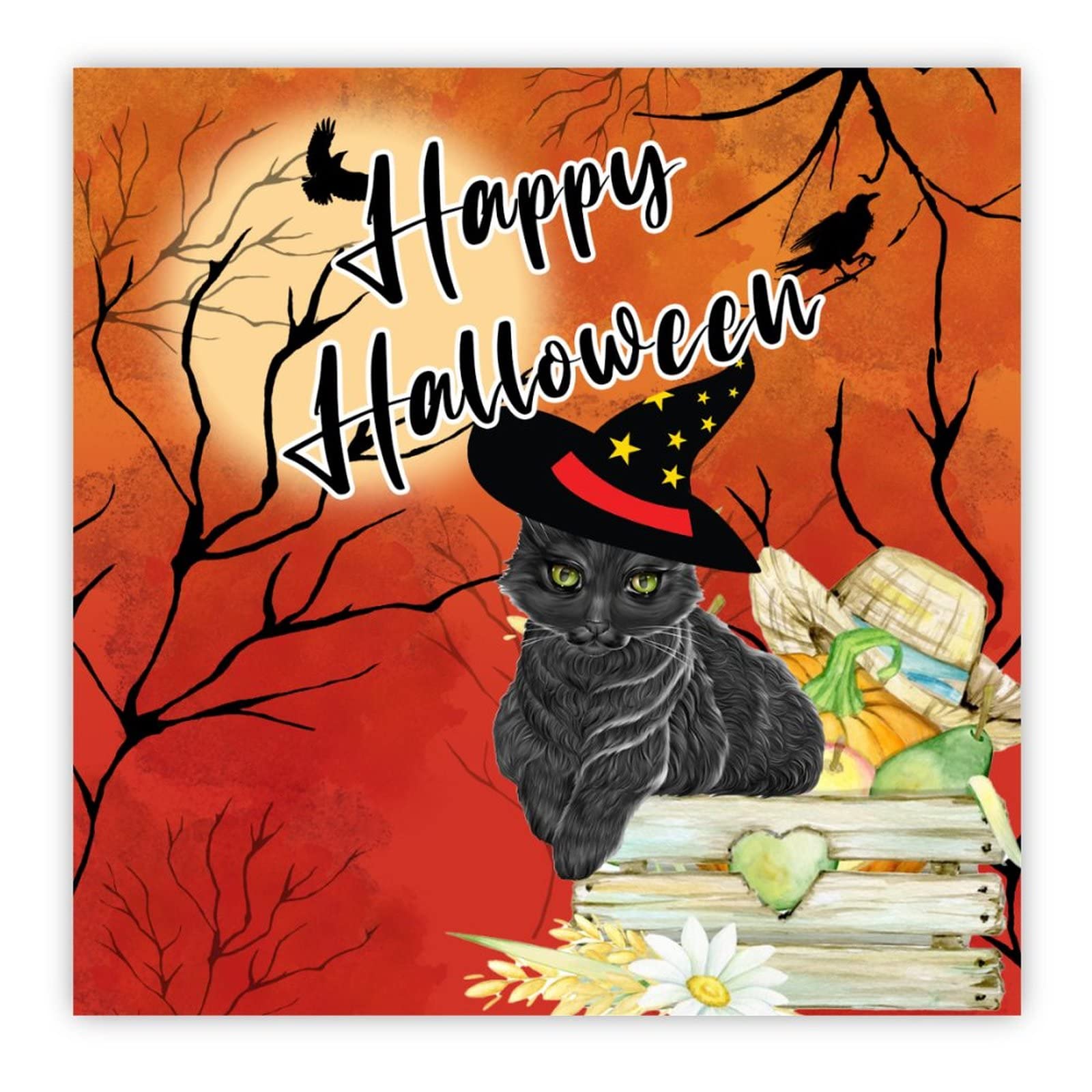 Panneau mural Halloween en bois 30x30 cm chic avec citrouille et corbeau style ferme