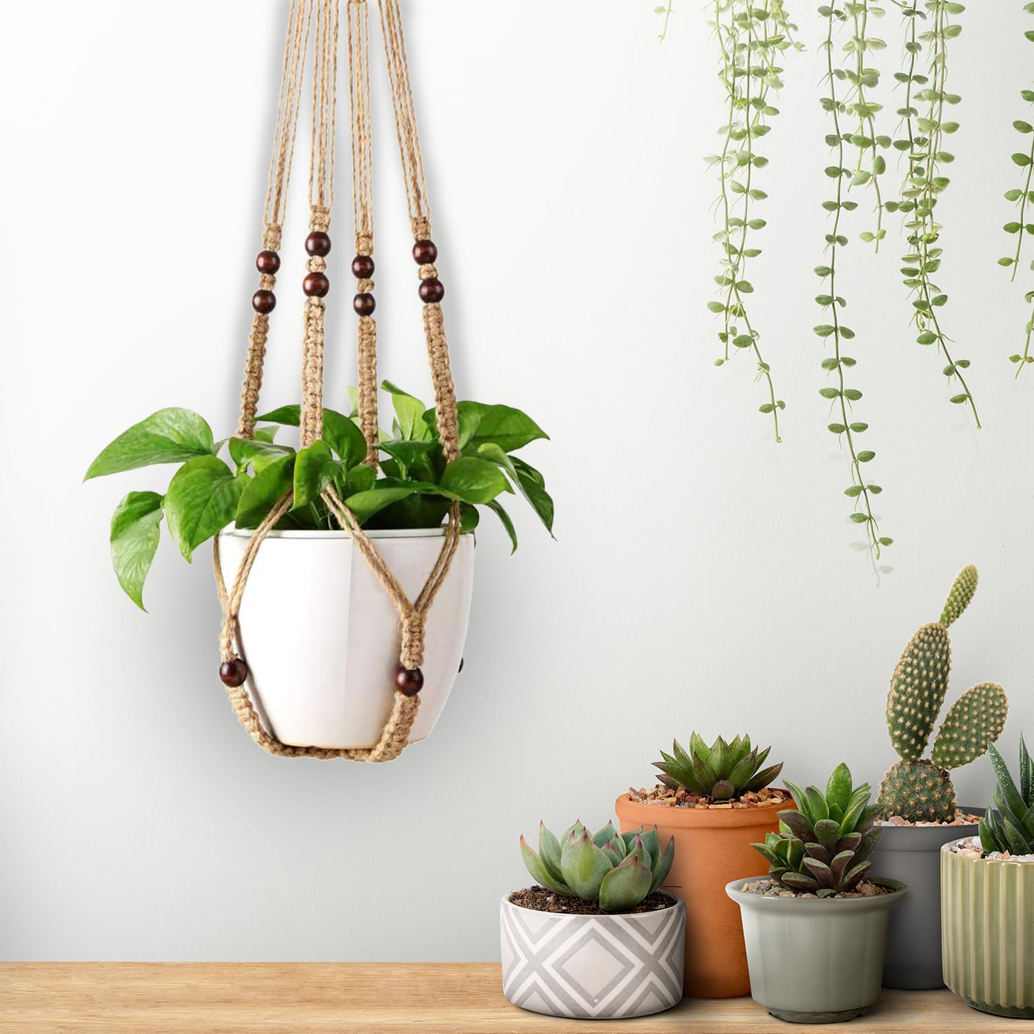 LOVE N BEYOND Aster Macrame Plant Hangers, Unique Designs,Handmade Cotton Rope Hanging Planters Flower Pots Holder Stand, for Indoor Outdoor Boho Home Décor Without Tassel (Brown Set of 2)