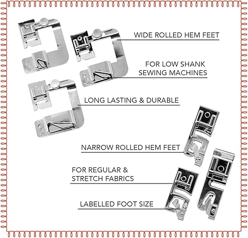Miniatura 6 de Juego de prensatelas de dobladillo enrollado [6 tamaños] Juego de pies de dobladillo enrollado ancho y dobladillo de pie estrecho para máquinas de
