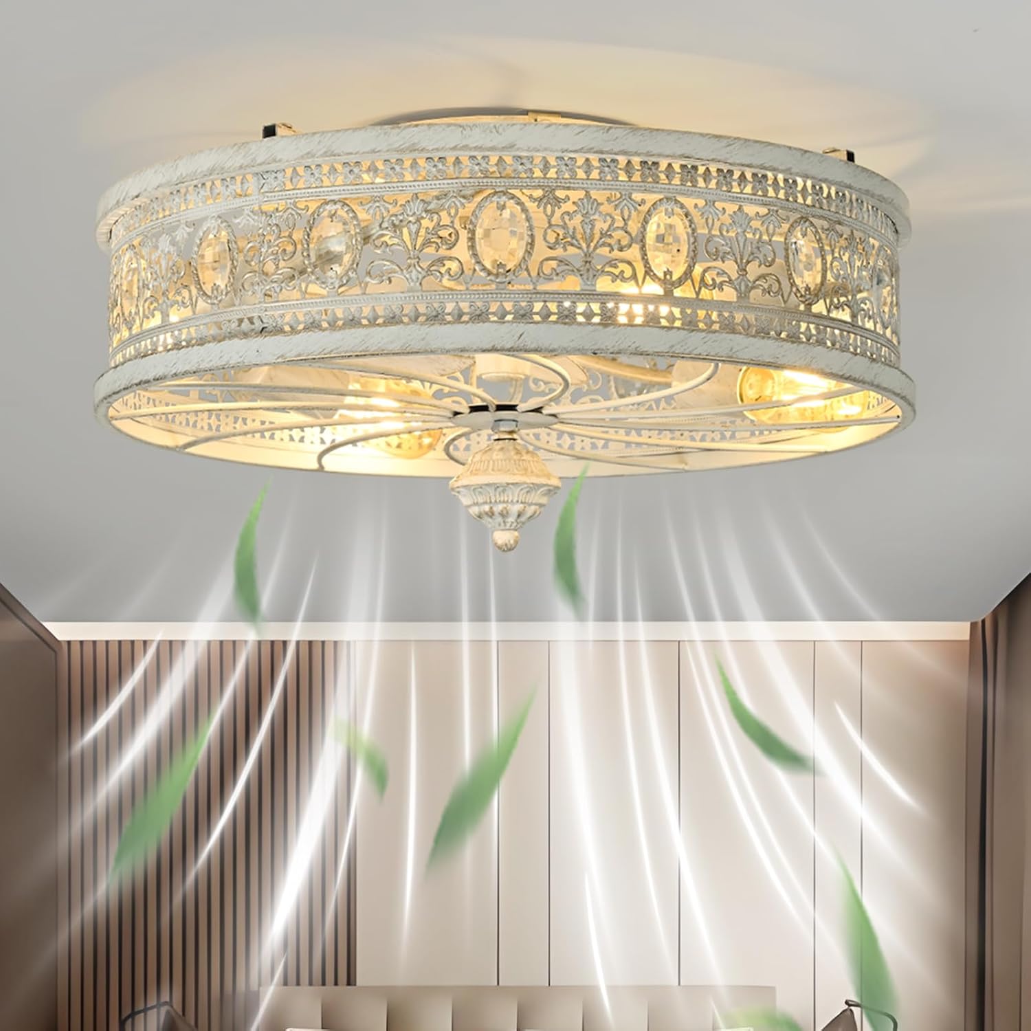 18-Inch Rustic Vintage Chandelier, Remote Enclosed Flush Mount Fan Light, Low Profile Recessed for Entryway, Living Room & Bedroom (Vintage Platinum)