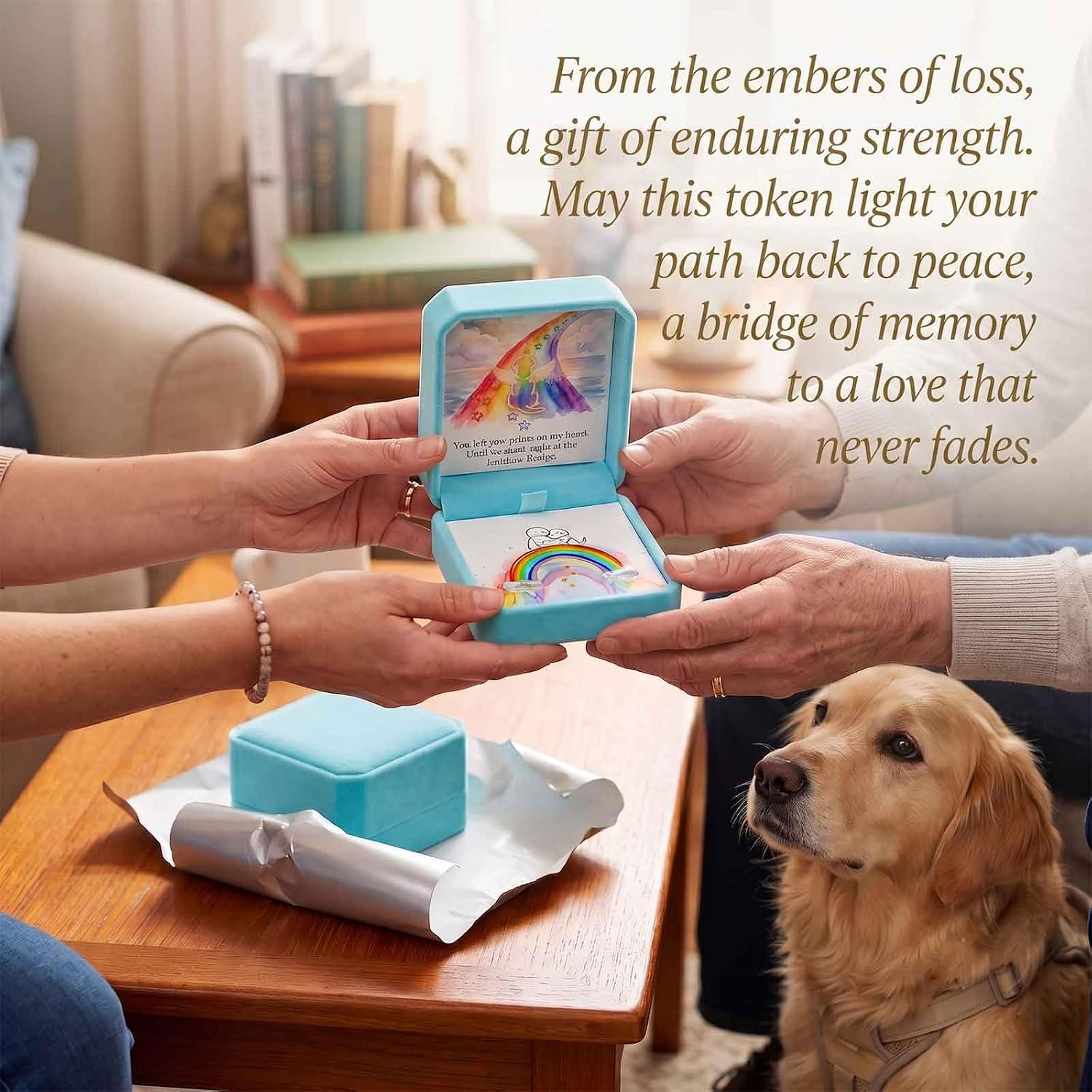 Rainbow Bridge Dog Memorial Gift Velvet Box Glass Figurine & Sympathy Card image 4