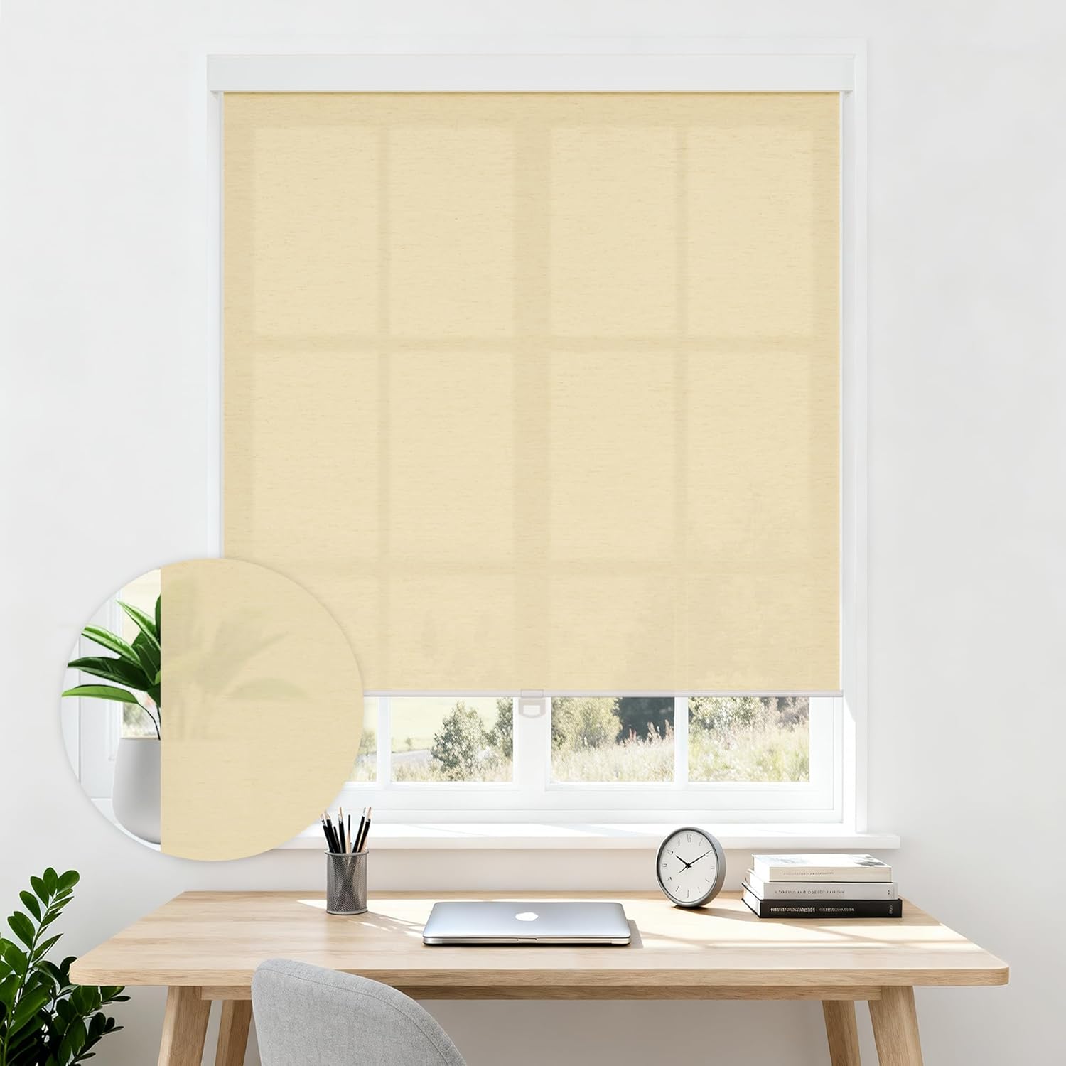 HESTIA Cordless Light Filtering Roller Shade Linen Textured Easy Installation UV Protection Window Blinds for Living Room, Dining Room and Home Office,Light Yellow,36.5" W X 54" H