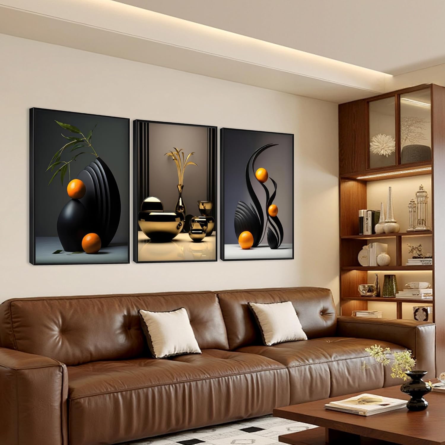 3Pcs Black Abstract Wall Art Modern Still Lifes Ceramic Wall Deco Pictures orange Black Shape Canvas Posters Prints for Living Room Bedroom Bathroom Home Decoration 12x16in Black Framed