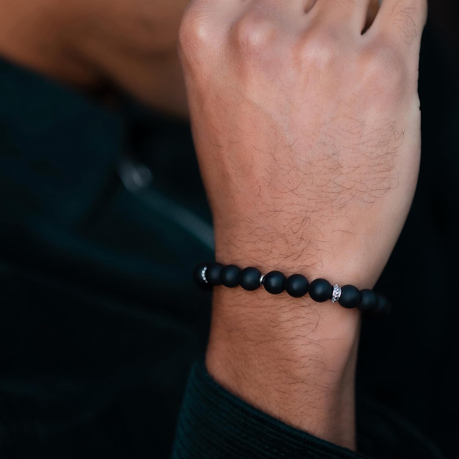 RTZN® Black Onyx Bracelet for Men – Premium Artisan Handcrafted Authentic Matte Black Beaded Bracelet for Men – 8MM Adjustable Mens Beaded Bracelets - Image 2