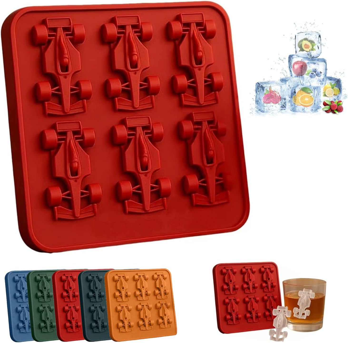 Formula Racing Car Ice Mold,Silicone Racing Car Jello Molds,6-Cavity 3D Race Car Shape Themed Ice Cube Tray,Funny Racing Cars Silicone Molds,DIY Baking Tool,Slow-Melting,No-Plastic,Easy Release
