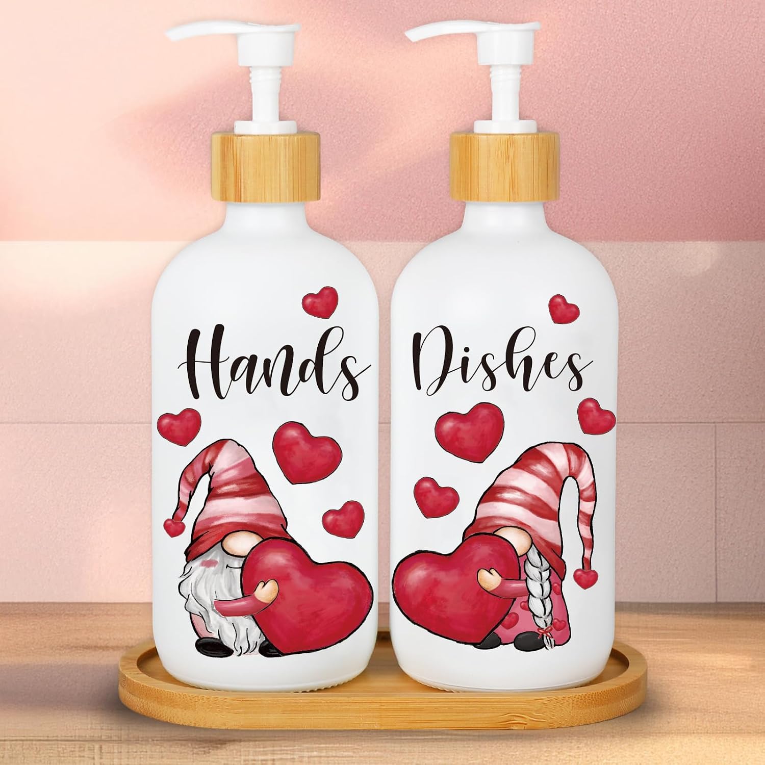 JarThenaAMCS Valentine's Day Soap Dispenser Red Heart Gnome Dishes and Hands Glass Dispenser with Pump 16 Oz Refillable Liquid Soap Container for Home Kitchen Bathroom, 2Pcs