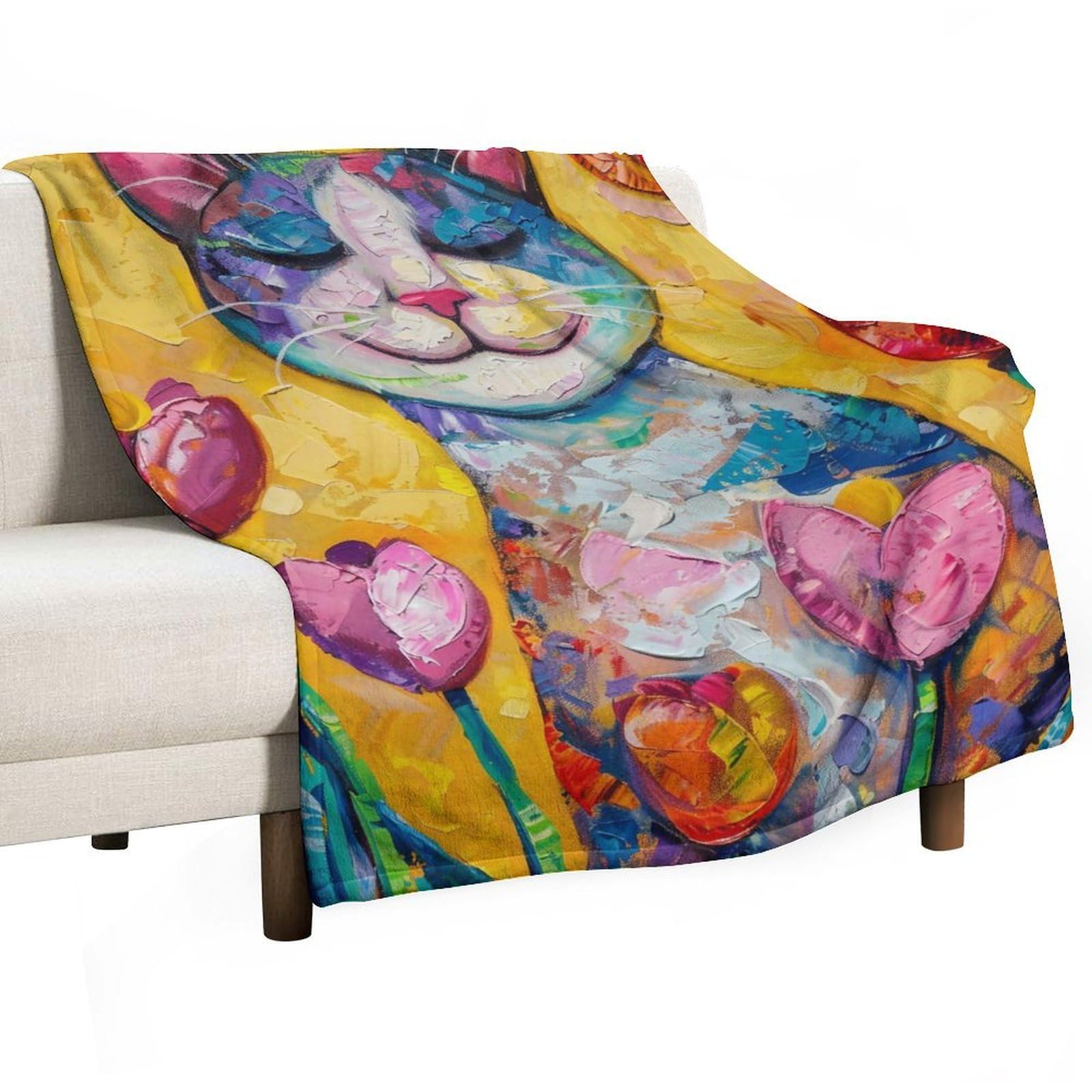 Yhgsreuoh White-Style Happy Cat In Tulip Garden 01 Flannel Blankets Fleece Soft Throw Lightweight Plush Gifts For Couch, Bed, Cozy Sofa Plush, Chair, Lovers 100X130cm(40X50in)