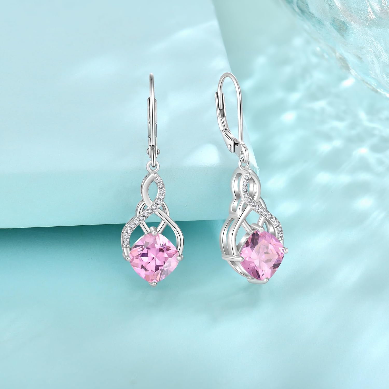 Princess Cut Leverback Dangle Drop Earrings 925 Sterling Silver Infinity Knot Earrings Birthstone Jewelry Gifts for Women - Image 4