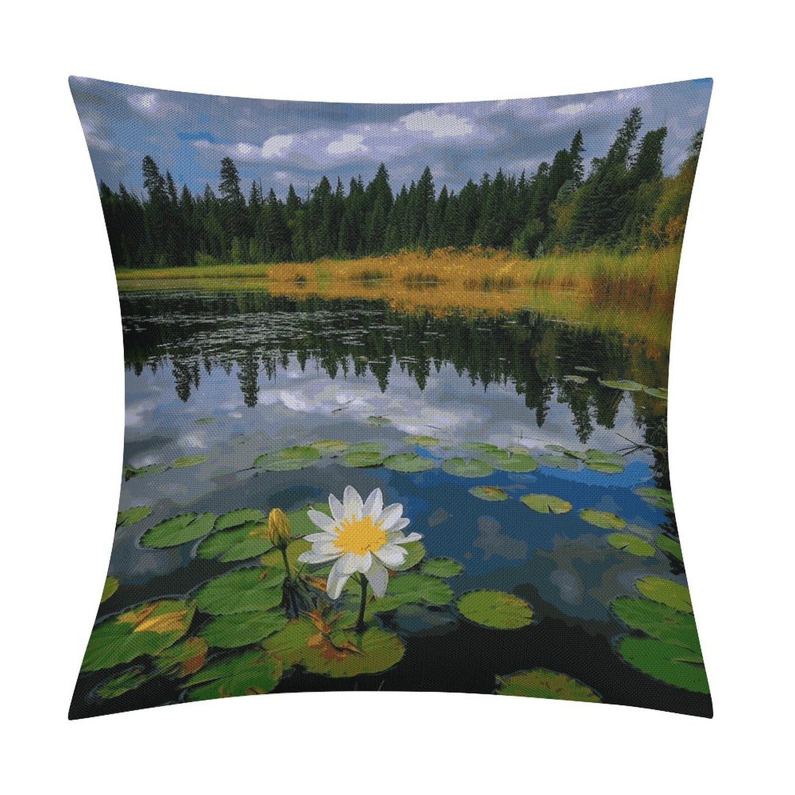 Fodpand Style Flower Lake Pond Reflection Pillow Covers 18X18 Inch, Pillow Cases Boho Farmhouse, Throw Pillow Covers For Couch Sofa Bed Spring Home Decor