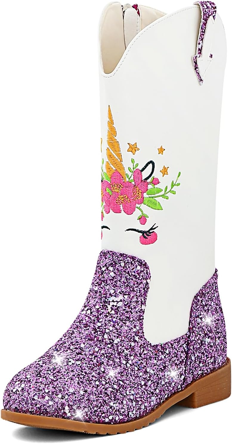 Girls Cowgirl Boots Glitter Princess Shoes Mid Calf Zipper Square Toe Western Cowboy Boot for Toddler/Little Kid/Big Kid