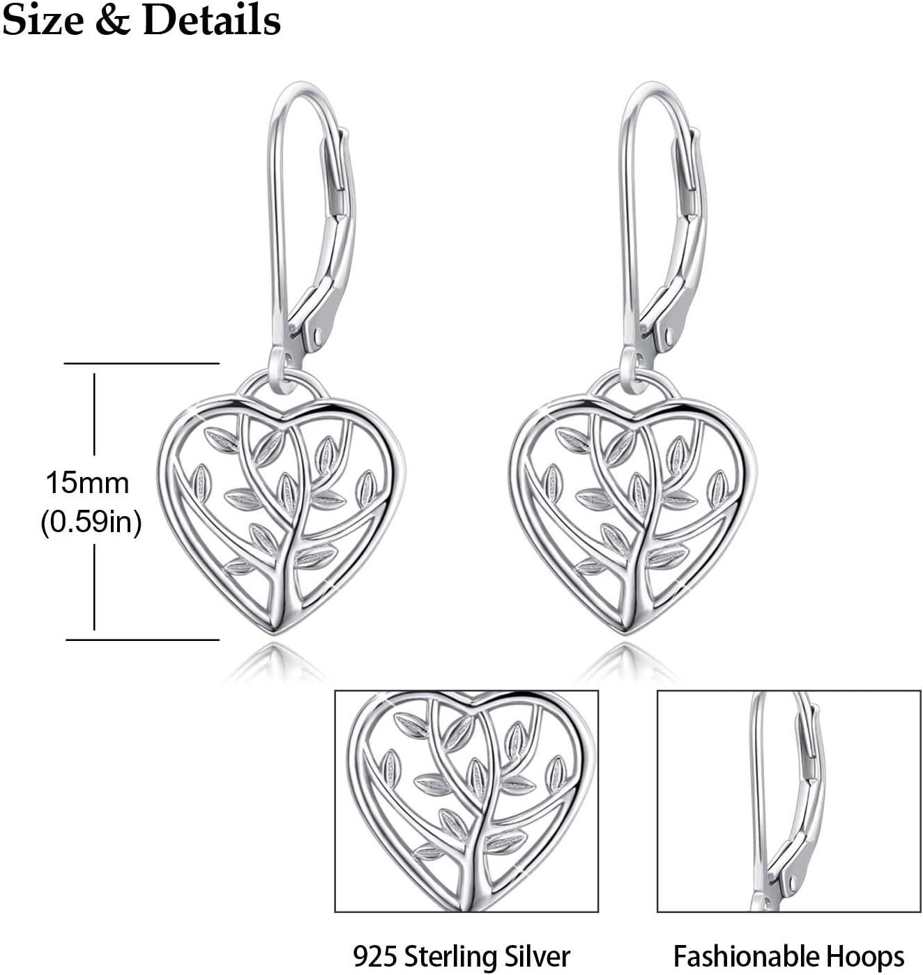 Tree of Life Earrings, 925 Sterling Silver Heart Shaped Studs for Women, Hypoallergenic Earrings for Sensitive Ears Gifts for Women with Gift Box… - Image 3