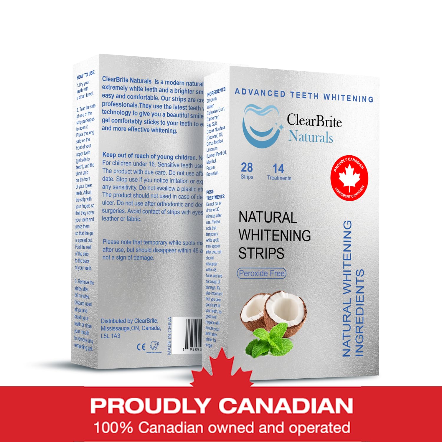 Proudly Canadian ClearBrite Naturals Whitening Strips, Peroxide Free, Coconut Mint Flavour, Natural Active Ingredients, 28 Strips (14 Treatments) - 2