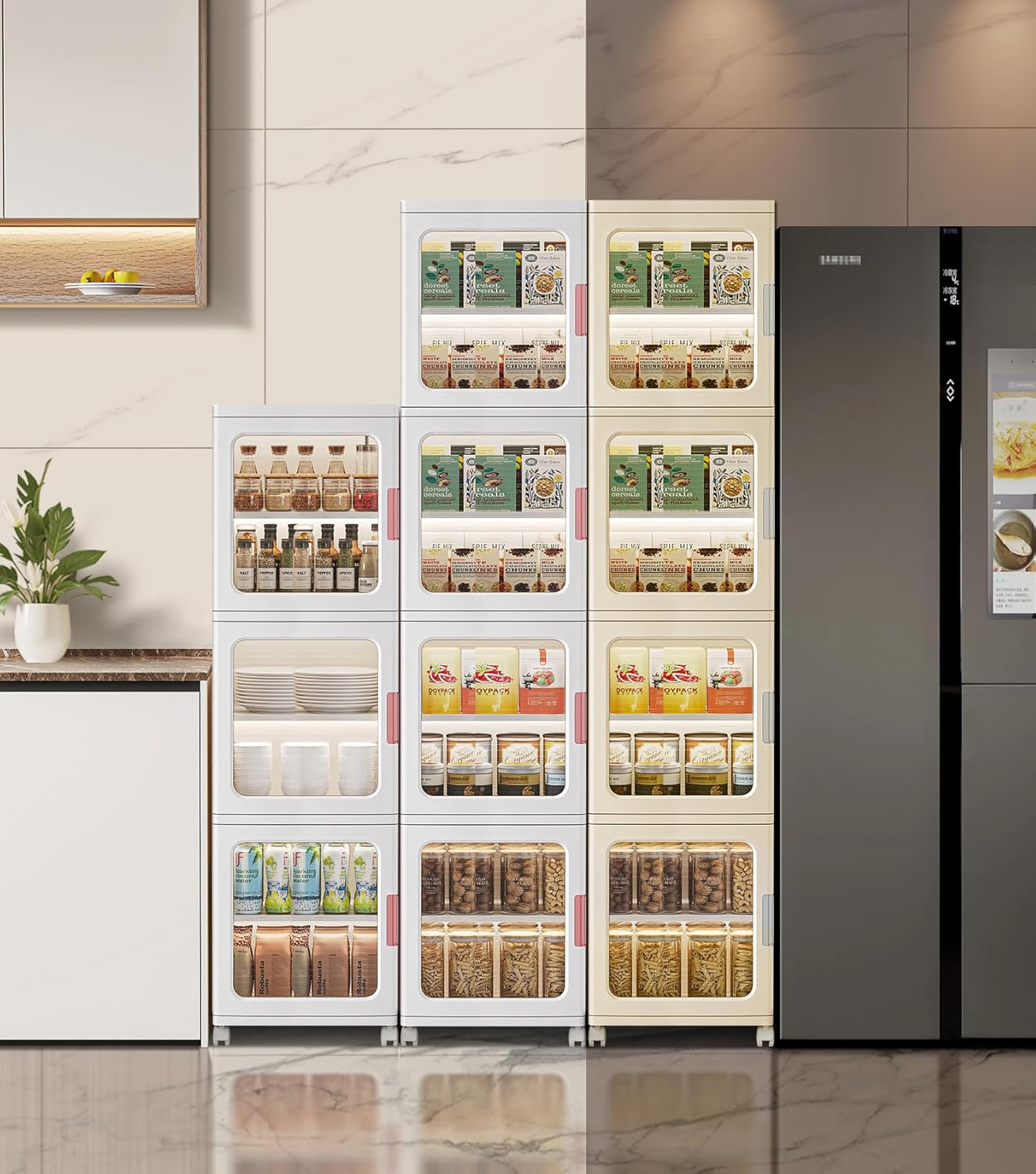 4-Tier Tall Narrow Bathroom Storage Cabinet with Doors and Adjustable Shelves Slim Foldable Cabinets with Wheels Small Spaces Plastic Organizers for Kitchen Laundry Room Bedroom Pantry,Beige