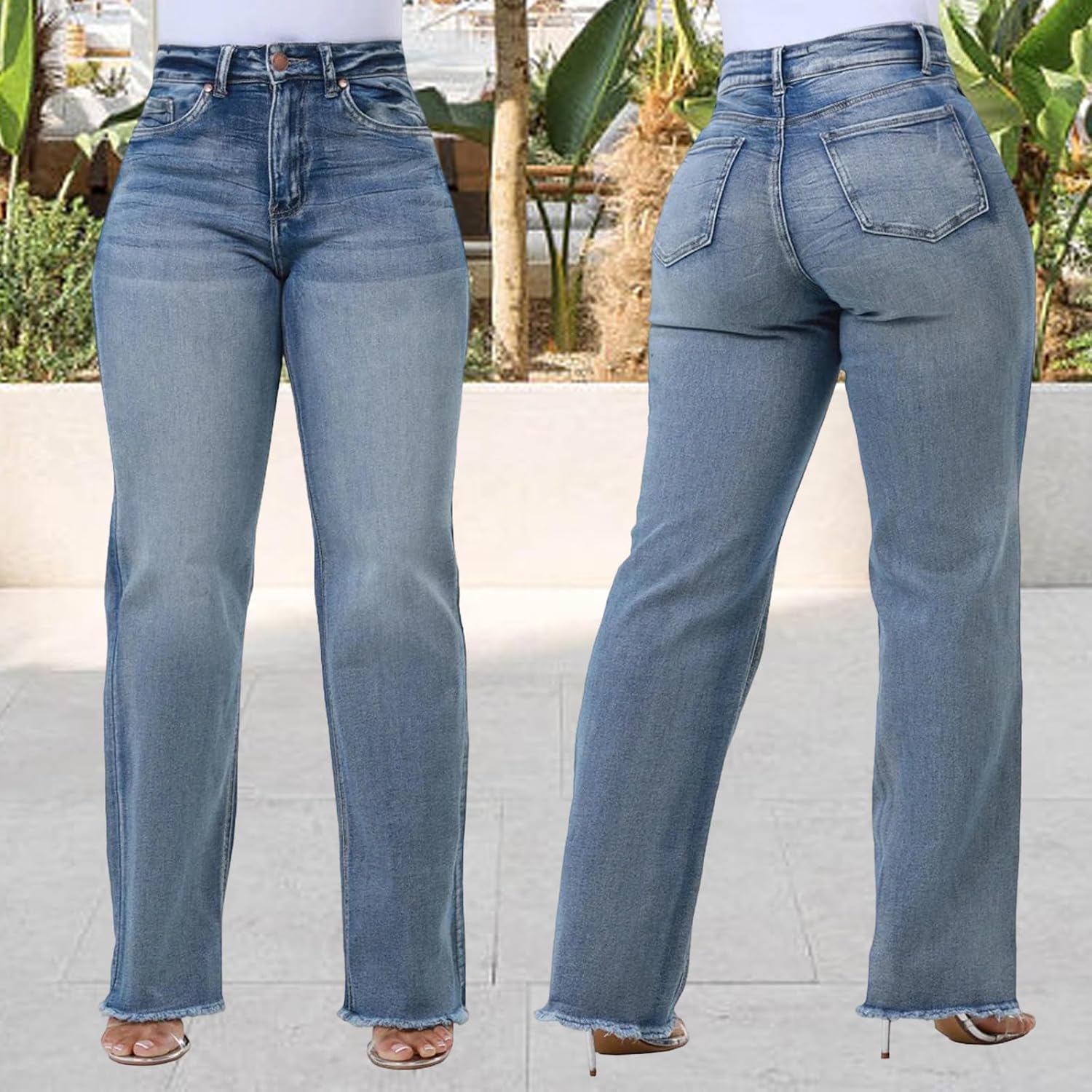 KnoInt Women's Wide Leg Straight Jeans High Waisted Baggy Stretch Loose Denim Pants