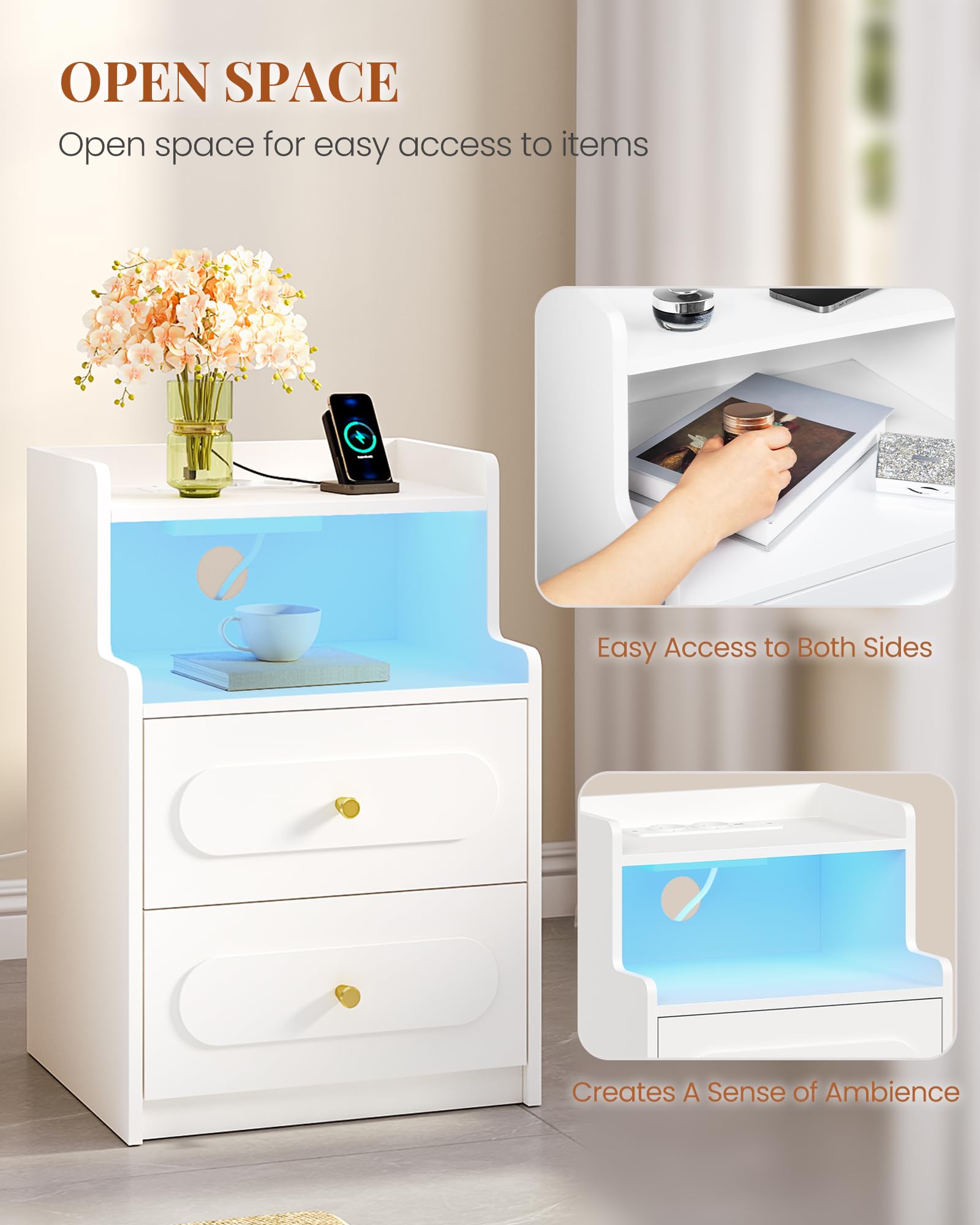 HEXCELEN Table de Chevet Lot de 2 avec Lumière LED et Multiprise, Table de Nuit avec 2 Tiroirs et 1 Compartiment Ouvert, Tables d'appoint avec Rangement, pour Chambre à Coucher, Salon, Moderne, Blanc