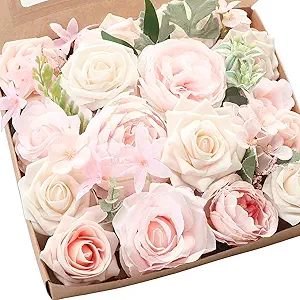 Floroom Cream Blush Artificial Flowers Fake Roses Peonies and Greenery Combo Box Set for DIY Pink Wedding Bouquets Bridal Shower Centerpieces Floral Arrangements Party Tables Home Decorations