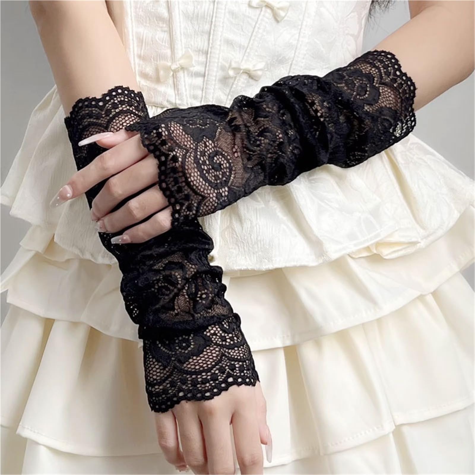 2 pares de guantes sin dedos con protección solar verano for mujer, mangas encaje for brazos, bloqueo malla larga, puños florales, falsas