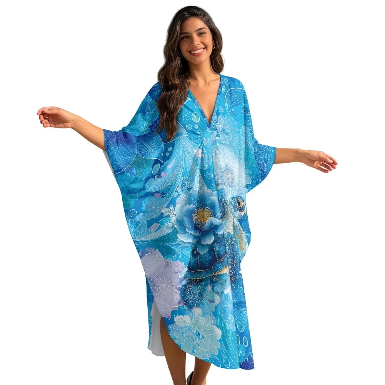 Xoenoiee Damskie sukienki kaftanowe kaftan plus size rękaw nietoperz strój kąpielowy okrycie dekolt w serek letnia sukienka plażowa jeden rozmiar