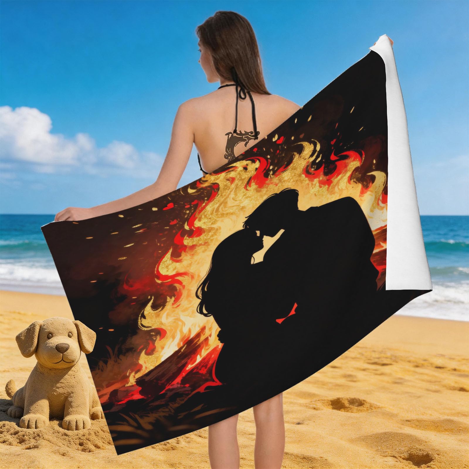 Leichong 3D Couple Silhouette Beach Towel Microfiber Soft Quick Dry for Adults, Romantic Theme Bath Towel Lightweight Soft Absorbent for Travel Swimming Pool Sports, 75 x 150 cm