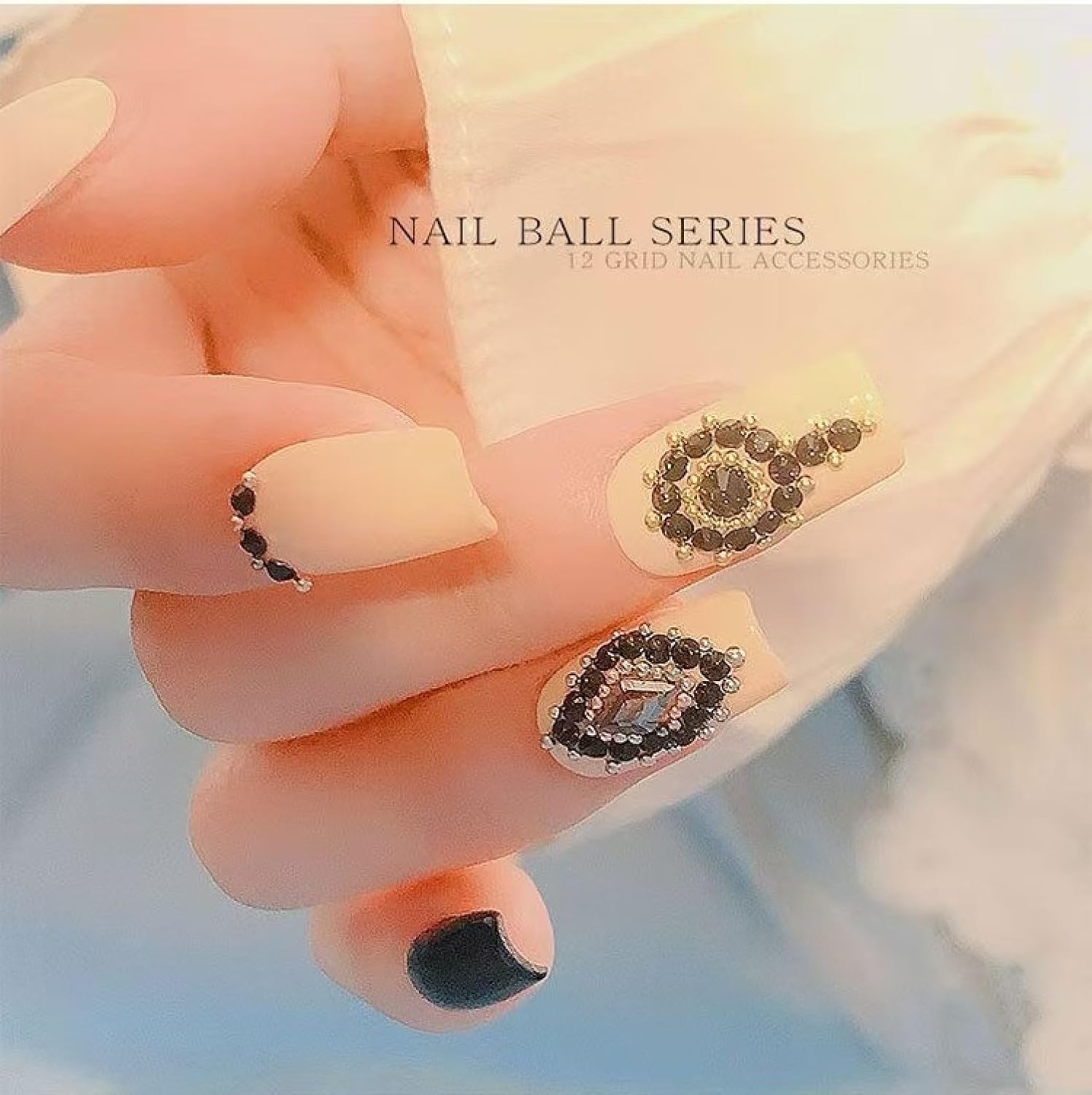 12 Grids Art Charms Metal Beads 3D Caviar Small Steel Ball Nail Accessories Nail Art Metal Mini 3D Mixed Sizes DIY ons Accessories (Black and Gold