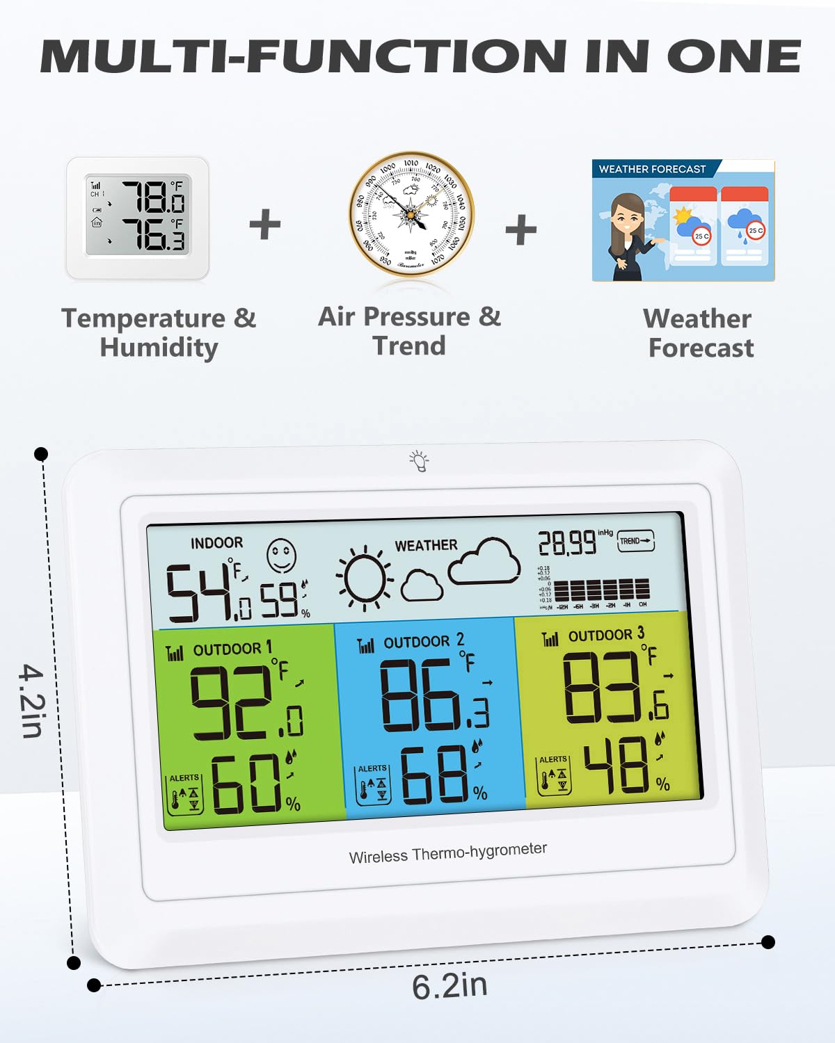 Weather Station Wireless Indoor Outdoor with 3 Sensors, Home Weather Stations Digital Thermometer Humidity with Alert, Barometer Pressure, Backlight, Forecast Station, for Home Office