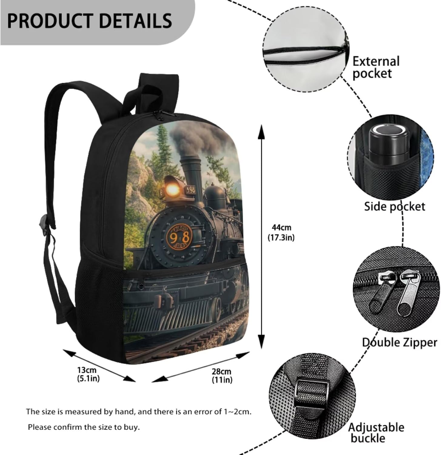 Retro Steam Engine Train Backpack for Boys 5-7 with Lunch Box Cool School Bag and Lunch Bag 17 Inches School Backpacks Lunchbox Pencil Case Water Bottle Holder, 4-in-1
