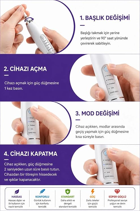 Diş Taşı Temizleme Cihazı Şarjlı Diş Fırçası Sonik Ultrasonik Akıllı Diş Taşı Temizleyici 5 Mod IPX8 (Beyaz)