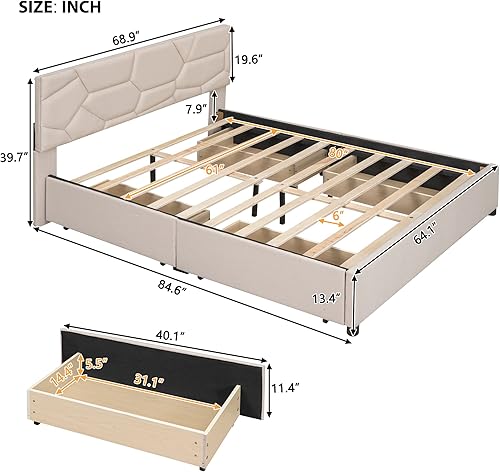 Miniatura 2 de Harper & Bright Designs Cama tapizada de plataforma Queen con 4 cajones de almacenamiento, marco de cama Queen de madera con cabecera de patrón de