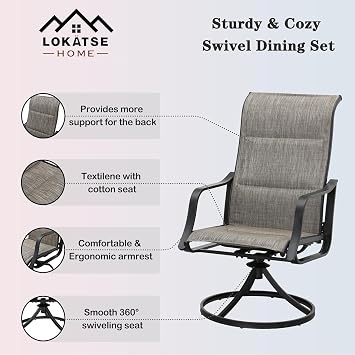 LOKATSE HOME Outdoor Patio Swivel Rocking Chair Set Sling(Set of 2), 2, Gray