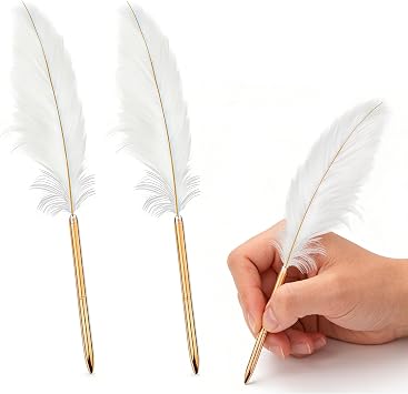 2pcs Feather Ballpoint Pen Black Inks Pen Refillable Ballpoint Pen for School Writing, Signatures Pens and Refills Wedding Signing White