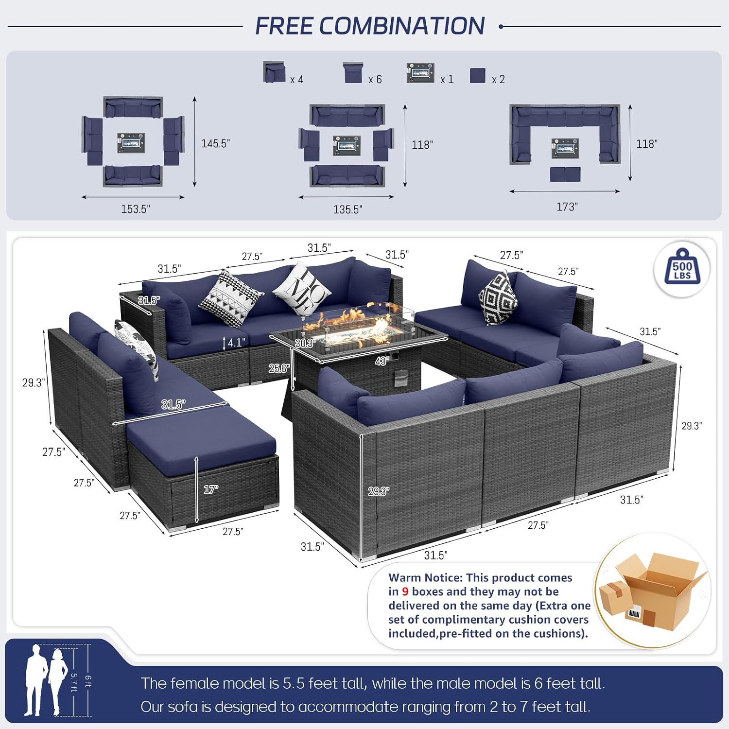 BULEXYARD 13 Piece High Back Grey Rattan Outdoor Sectional Couch Set with Propane/Gas Firepit, Luxury Oversized Patio Furniture 12-Person, Modular Backyard Seating Sofa Comfortable, Gray&Navy Blue
