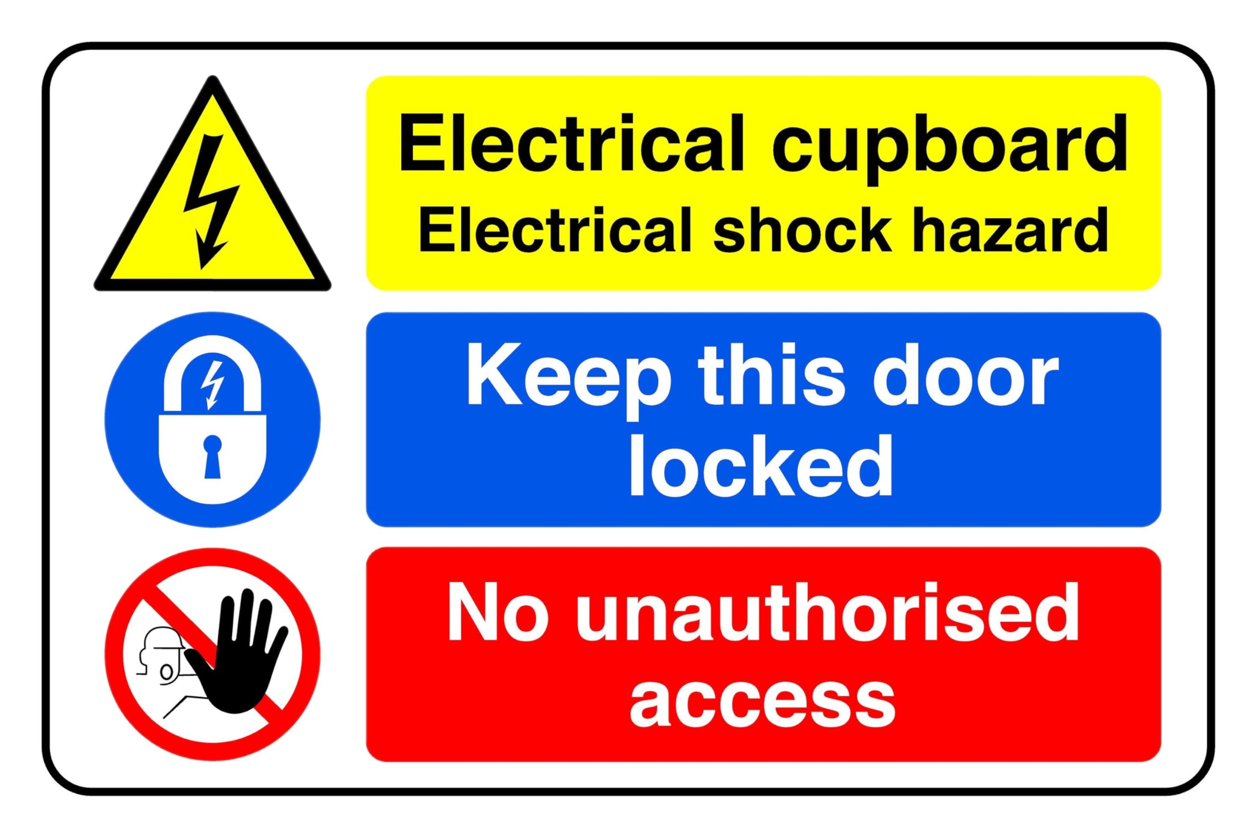 Electrical Cupboard Electrical Shock Hazard - safety sign - 1.2mm Rigid plastic for indoor/outdoor usage (200mm x 150mm) Viewing Distance within 5m.