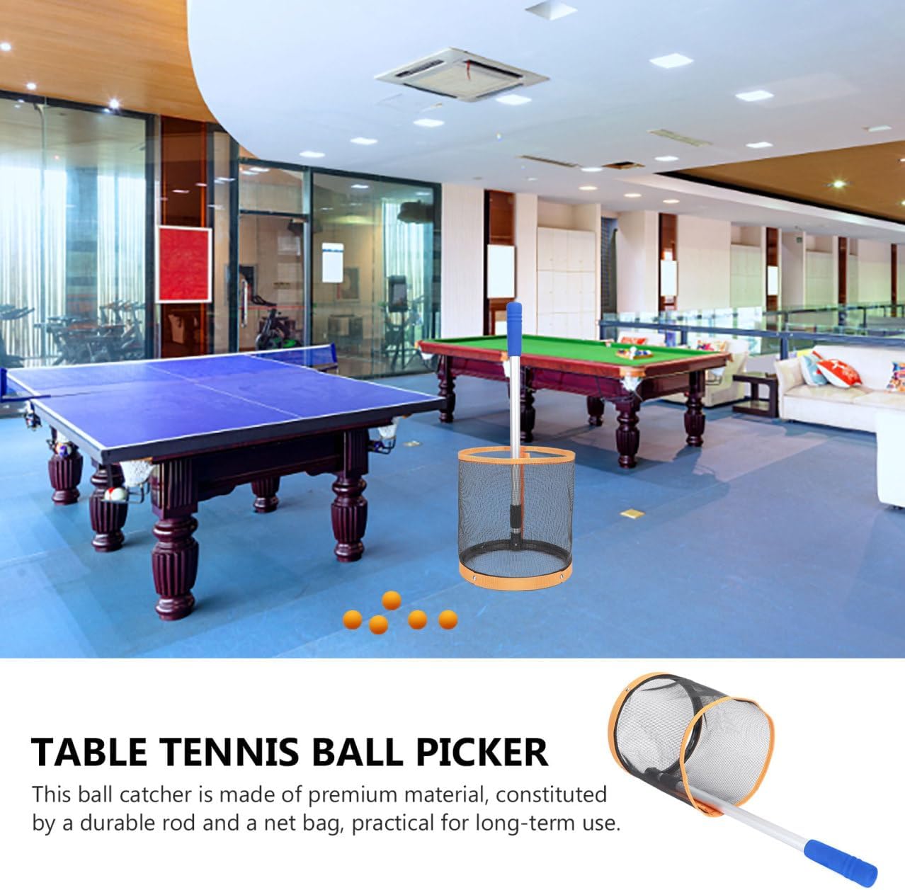 Mikinona Lightweight Table Tennis Ball Picker Telescopic Metal Pole Capacity Net Portable Pingpong Ball Retrieval Tool Nylon Exercise Use