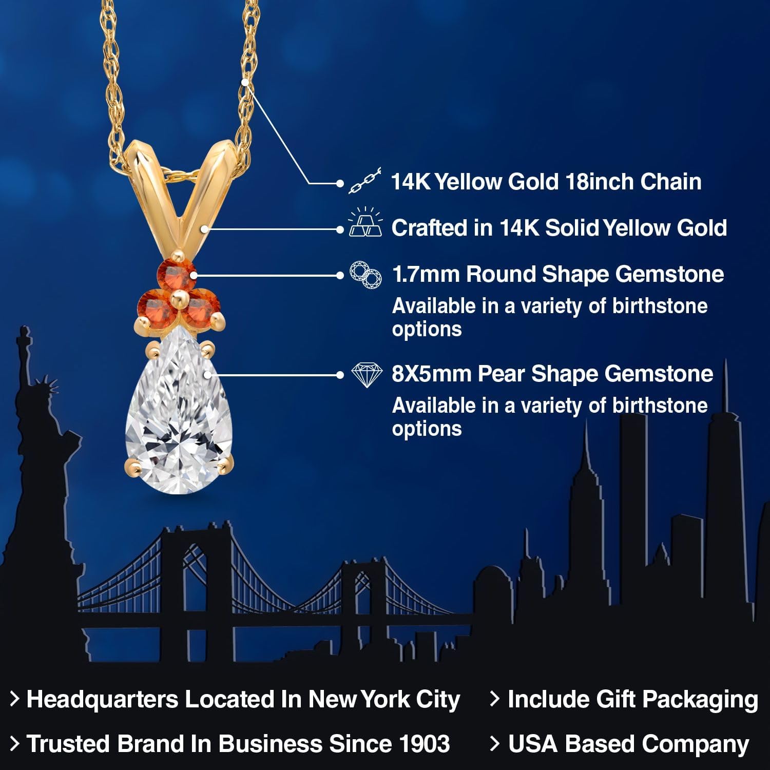 Gem Stone King 14K Yellow Gold DEF Lab Grown Diamond and Orange Sapphire Pendant Necklace for Women | 0.79 Cttw | Gemstone April Birthstone | Pear Shape 8X5MM | With 18 Inch Chain - Image 2