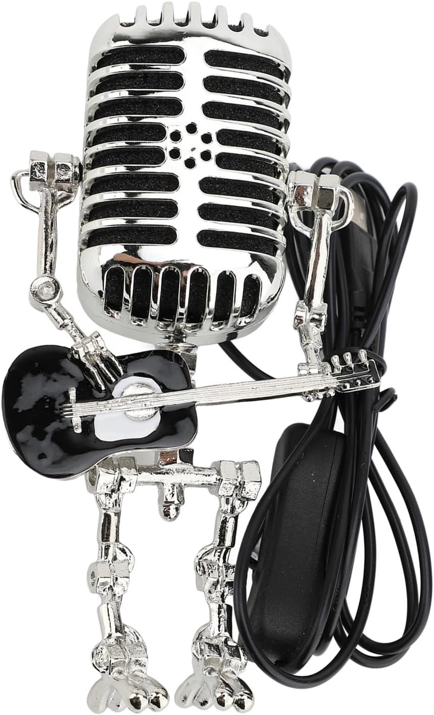 Vintage Microphone Guitar Robot Table Lamp, Retro Metal Robot Night Light for Bedroom Desk Home Decor (Black)