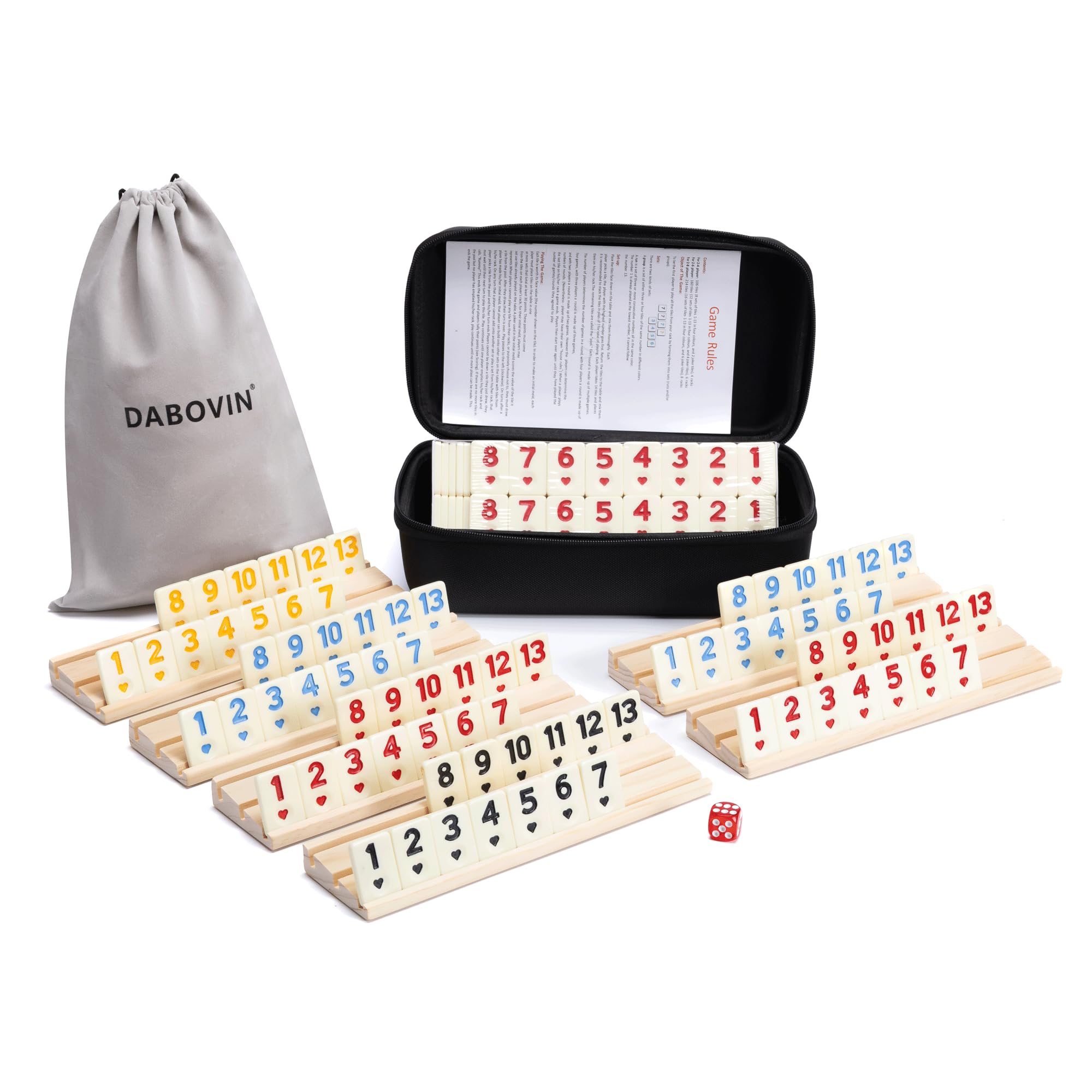 DABOVIN Upgraded Rummy Game Set, 6 Players Edition with 6 Tile Holders and 160 Rummi Tiles, Family Classic Board Games for Adults & Kids