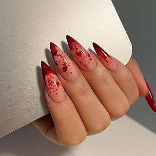24Pcs Halloween Press on Nails Long Stiletto Fake Nails with Red Blood Drop Horror Design Red French Full Cover Acrylic Stick on Nails Gothic False Nails for Women DIY Manicure Decorate Accessories